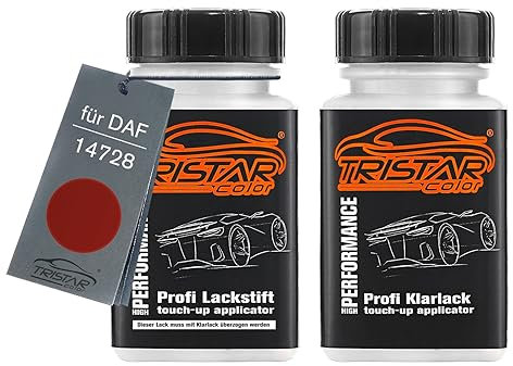 TRISTARcolor Vernice per auto Kit stilo di ritocco per DAF 14728 Targa Red Vernice di base vernice trasparente ognuno 50ml