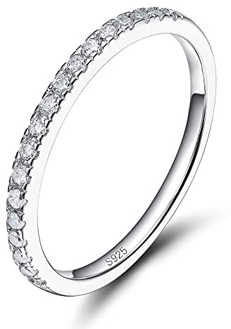 EAMTI 2mm 925 Sterling Silver Wedding Band Cubic Zirconia Half Eternity Stackable Engagement Ring Size 7