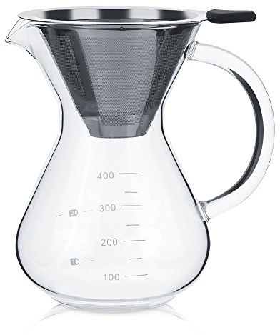 ASHATA Kaffeebereiter Pour Over Kaffeekanne, 400ML Pour-Over Kaffeezubereiter Glas Manuelle Kaffeebereiter Kaffeekanne mit Edelstahlfilter Ergonomische Griff für Aufbrühen des Kaffees Transparent