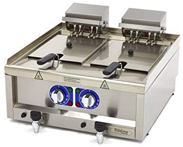 Maxima Freidora eléctrica de clase comercial Gastro, 2 x 10 l de aceite, 600 x 600 mm de profundidad, con zona fría y grifo de drenaje, 2 x 6000 W