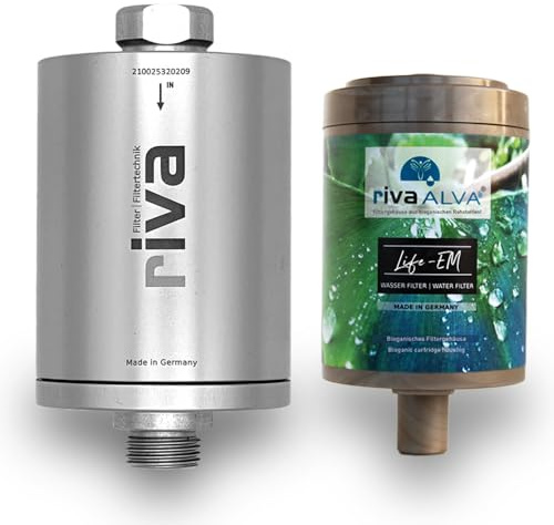 rivaALVA Life EM Wasserfilter - Vitalisierender Filter im Metallgehäuse mit Blockaktivkohle, EM-Keramik und bioganischem Kartuschengehäuse