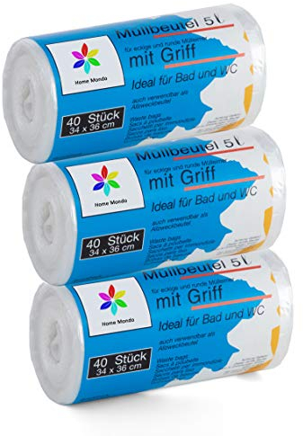 120 sacchetti della spazzatura della linea di alta qualità: 5 litri, confezione da 3, dimensioni: 34 x 36 cm. Particolarmente resistenti agli strappi e impermeabili, con manico.