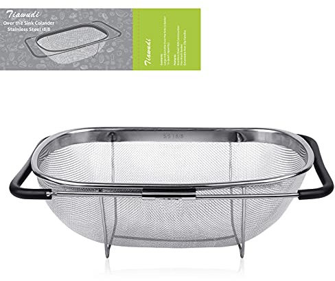 Tiawudi 6-Quart Large Over The Sink Colander, Heavy Duty 40% Thicker 18/8 Stainless Steel Fine Mesh Strainer Basket with Expandable Rubber Grip Handles - Strain, Drain, Rinse Fruits, Vegetables