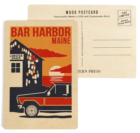 Bar Harbor, Maine, Woodblock (4x6 Birch Wood Postcards, 2-Pack Stationary, Rustic Home Wall Decor)