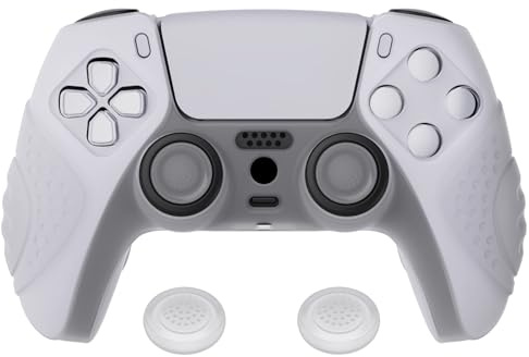 eXtremeRate PlayVital Cover Custodia per ps5 Joystick Controller Skin Silicone Antiscivolo Protettiva con Gommini Copri Levette Analogiche-Guardian Edizione,Trasparente Bianco