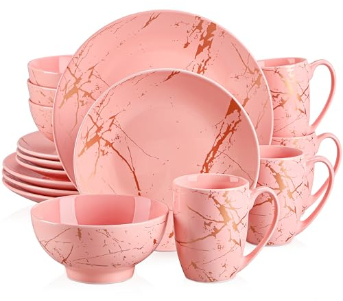 LOVECASA Serie Daphne Servizio Tavola in Porcellana 16 Pezzi Smalto Colorato con Piatto Oro Stoviglie, Set di Piatti per 4 Persone con Piatti Piani, Piatti da Dessert, Ciotole e Tazze, Rosa