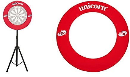 UNICORN Dartboard Stand | Dartmate | Freestanding Tripod | Folding & Portable and UNICORN Dartboard Backboard Surround | Striker | Lightweight Injection Moulded EVA Plastic | No Fixings required | Red