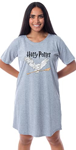 Harry Potter Womens' Wizarding World Owl Broomstick Nightgown Sleep Pajama Shirt (X-Large) Grey