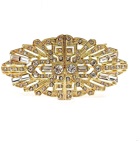 CYPINA Broche de cristal estilo Art Nouveau en tono dorado antiguo, estilo vintage, estilo Art Nouveau, accesorio para ramo de boda, fiesta, metal, cristal, Diamantes de imitación, plateado, Cristal