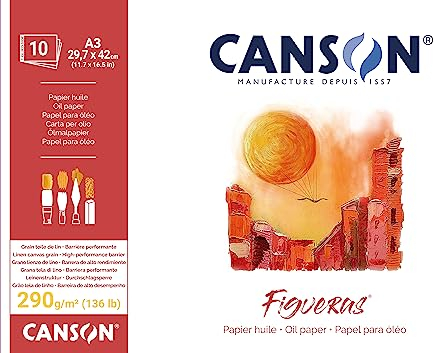 CANSON® FIGUERAS® Künstlerpapier für Öl, Acryl und Ölpastellkreide, Block 10 Blatt A3 29,7x42 cm 290G Langseitenleimung, Weiß