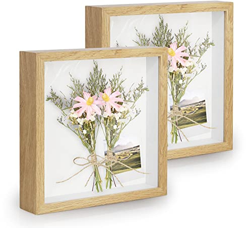3D Shadow Box Frame 9x9 inch, 2 Pack Picture Frame with Glass for Crafts, 3cm Deep Box Frame Display Cases Desktop or Wall Hanging for Photos, Crafts, Souvenir, Baby Items - Natural Wood