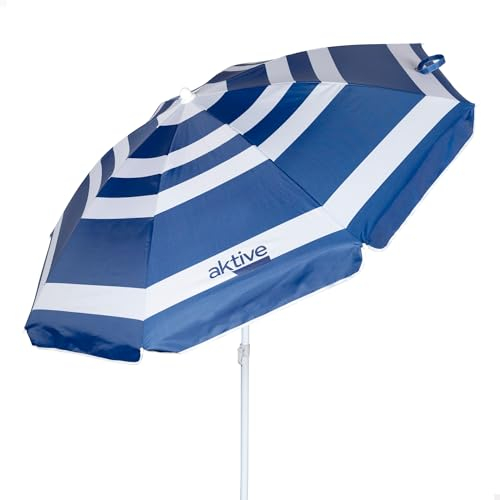 AKTIVE 62234 - Parasol de Plage Pliant Style Nautique Rayé Ø180, avec Revêtement Argenté et Protection UV50, Brise-Vent de Plage, Parasol, Parasol de Plage, Parasols de Plage