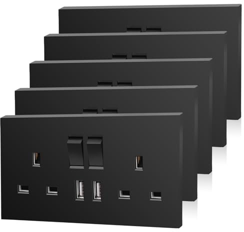 5 Pack CNBINGO Double Switched Power Socket with 2 USB-A Charging Ports (2.1A Output), Electric Power Socket 2 Gang 13 Amp, Black Double Wall Outlet