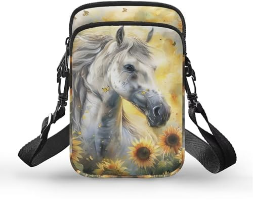 TSOVTHRID Kleine Umhängetasche mit Pferdemuster für Damen und Mädchen, White Horse Yellow Sunflower