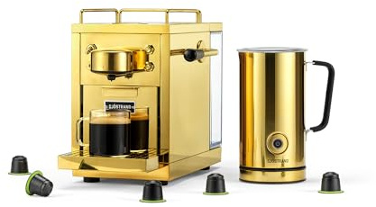 Sjöstrand Espressomaschine & Milchaufschäumer Bundle - kompatibel mit Nespresso, Edelstahlgehäuse, Skandinavisches Design (Messing)