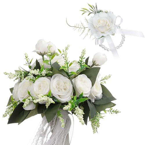 PLUSHCEWT Bouquet de mariée roses artificielles et fleurs de poignet pour demoiselle d'honneur, bouquet de mariage romantique pour décoration de mariage, Saint-Valentin, confession, fête, église (A)