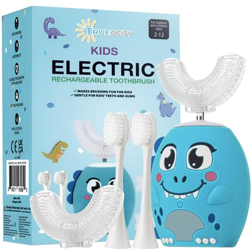 Trueocity Spazzolino da denti elettrico per bambini a forma di U, ricaricabile, automatico, testina in silicone a forma di U a 360°, pulizia delicata, per bambini dai 2 ai 7 anni, design dinosauro