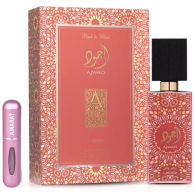 Ajwad Pink Parfum 60 ml, arabe unisexe longue durée, eau de parfum avec vaporisateur rechargeable 5 ml, parfum exotique avec notes de Guayaba, rose et cuir (Ajwad Pink)