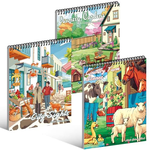 Kalysky 3 Set di Libri da Colorare per Adulti, Giardini di Campagna, Fattoria e Attrazioni Della Città, Libro da Colorare Antistress per Donne
