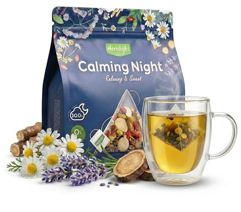 Herblight Bedtime Tea with Valerian Root & Ashwagandha - Caffeine-Free Night Time Herbal Blend for Deep Relaxation - Premium Whole Leaf Sleep Tea (15 Pyramid Bags)