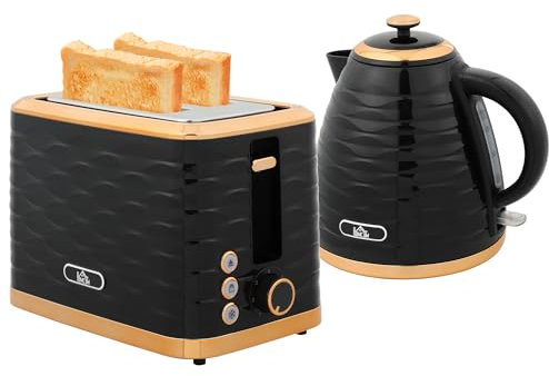 HOMCOM Kettle and Toaster Sets, 3000W 1.7L Rapid Boil Kettle & 2 Slice Toaster with 7 Browning Controls, Defrost, Reheat and Crumb Tray, Otter Thermostat, Black