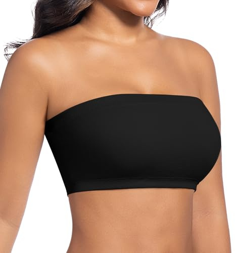ONEW Bandeau Bra for Women Seamless Non-Wired Strapless Bra Breathable Bandeau Top with Removable Convertible Straps Black L