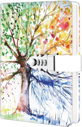 ZXHQ Journal Intime avec Code 21 x 15,5 cm – 224 pages, Carnet Secret pour Fille et Femme, Couverture en cuir PU, Motifs Élégants, Idéal pour Écriture Privée et Cadeau-Arbre des Saisons