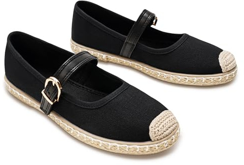 GLAMORA Merceditas Mujer con Hebilla Bailarinas Esparto Manoletinas de Punto Transpirable Zapatos Planos Mujer Suela de Goma Antideslizante Estilo Alpargata Calzado Verano Cómodos Ligeros black-36