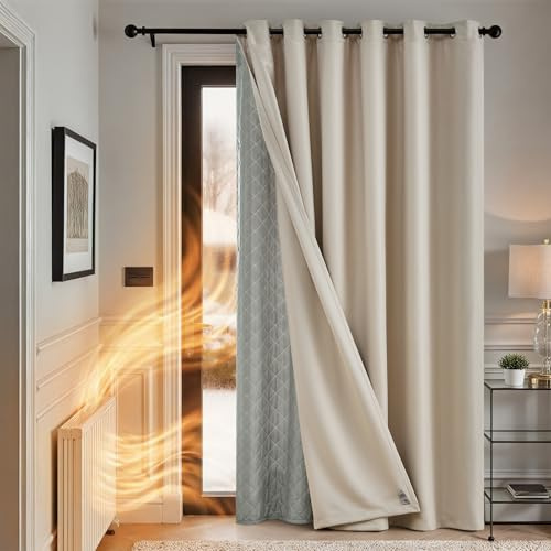 TOPICK Thermovorhang Kälteschutz Gardinen Wohnzimmer Blickdicht mit Ösen Türvorhang Verdunklungsvorhänge Schlafzimmer Curtains H260xB200 cm doppelten Vorhänge mit abnehmbare Schicht Beige 1 Stück