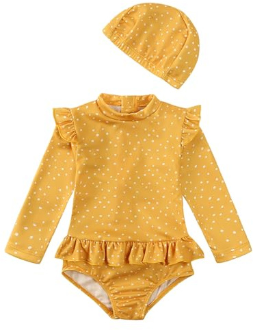 Generisch Traje de baño floral de manga larga 1 pieza traje de baño bikini tankini traje de baño con sombrero, amarillo, 5-6 años