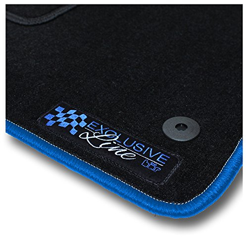 Bär-AfC Auto Fußmatten Exclusive Line passend für Opel Astra Typ H/auch GTC 2004-2010, Autoteppiche Velours Schwarz, Rand Kettelung Blau, Stick Logo Blau, Set 4-teilig, OP02728