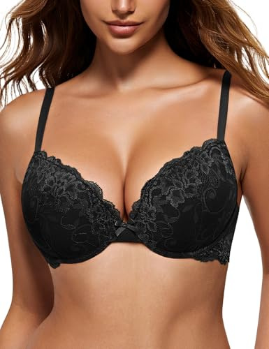 WingsLove Women's Push up Bra Floral Lace Padded Underwire Bra Demi Plunge (Black 38D)