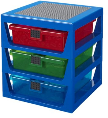 LEGO 3-Drawer Storage Rack Blue - Customizable Toy Storage Unit with Removable Drawers and Building Station for Kids' Desk Organiser or Bedside Table