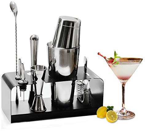 SKY FISH Shaker per Cocktail, Set di Boston Shaker da 8 Pezzi, Kit da Barman Premium con Supporto in Acciaio Inossidabile, Set Completo da Bartending per la Casa