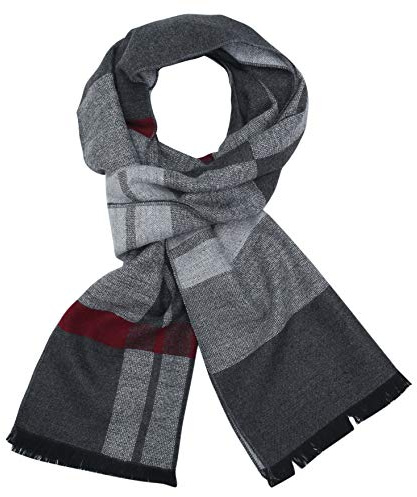 soul young Écharpe longue en coton pour hommes - Écharpe à carreaux à franges chaudes avec boîte-cadeau luxueuse(Gris Rouge Rayure)