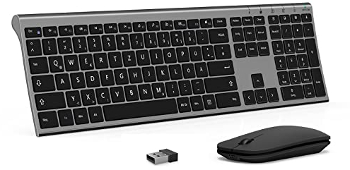 Kabelloses Tastatur Maus Set, seenda KS15F 2.4G Ultraflach Wireless Tastatur und Maus Aufladbar aus Aluminium, Deutsch QWERTZ Funktastatur Dünn für Windows/PC, Computer, Laptop(Grau und Schwarz)