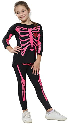 A2Z 4 Kids Girls Skeleton Set Halloween Costume with Printed T Shirt Top Legging - Skeleton Set Black N.Pink 9-10