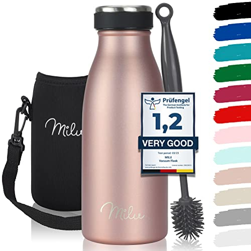 Milu - Thermo in acciaio inox da 350/500/750/1000ml/1,5L borraccia termica, a prova di perdite, a doppia parete, adatta per bevande gassate, con spazzola per la pulizia (Oro rosa, 350ml)