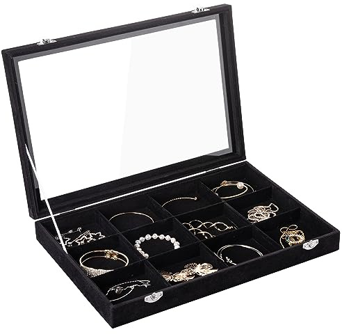 Frebeauty Jewellery Tray 12 Grid Velvet Jewellery Organiser Storage Box with Clear Lid Drawer Jewellery Holder Display Case with Clasp Pendant Bracelets Necklace for Girls Women(Black 12 Grid)