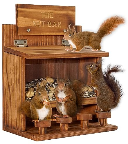 MIXUMON Squirrel Feeder Table The Nut Bar, Wooden Squirrel Picnic Table Feeder, Durable Squirrel Feeder Corn Cob, with Solid Structure, Stable Squirrels Stool Bar, 6.6x9.8x13 Inches (Style 4)