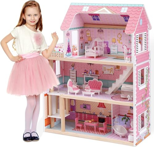 ROBUD Wooden Doll House Girls Toys, 18 High Dollhouse With Elevator & Furniture, 3-Story 15 Pieces Accessories Toy House for Kids Age 3+, Dolls House Gift for 3-4-5-6 Year Old Girls