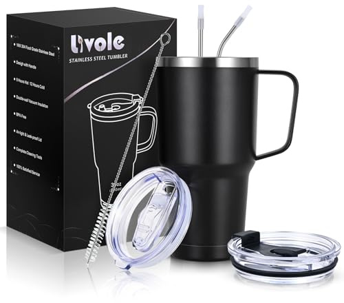 Livole Termosmugg på 30 oz, 900 ml, dubbelväggig termosmugg med sugrör och handtag, rostfritt stål isolerad campingmugg med handtag, kaffemugg to go termo, dryckesmugg för kaffe, cocktail, svart