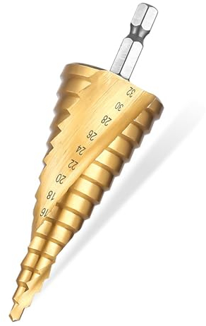 Broca escalonada [Ø 4-32 mm], Juego de brocas escalonadas con ranura en espiral, Portapuntas, Taladro pelador, Taladro cortador, Taladro cónico, Taladro cónico, para metal, acero, metal blando, madera