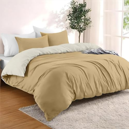 Dreamzie - Påslakan 200x200 cm med 2 örngott 80x80 cm - Beige/Sand - 200x200 Bäddset i 100% mikrofiber - 3 delar - Certifierad kemikaliefri (Oeko TEX) | Sängkläder 140 x 190 - vändbar - beige/sand - ultramjuk mikrofiber - dragkedja - OEKO-TEX - lätt