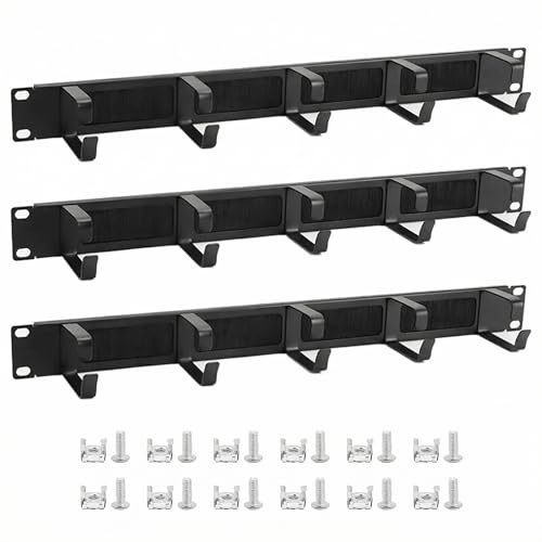 QWORK® 3X Pannello passacavo 19 con 5 anelli metallici e apertura cavi a spazzole, per armadio server da 19