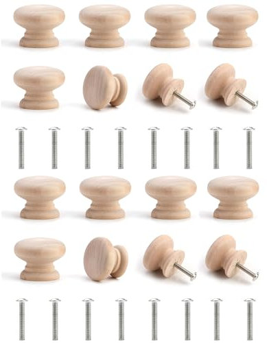 16-Piece Set Wooden Mushroom Drawer Knobs - Natural Unfinished Round Knobs For Furniture Wardrobe Office Dresser Drawer Pull