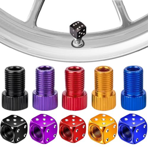 5 Stück Aluminium-Adapter + 5 Stück Aluminium-Würfel-Ventilkappen, Fahrrad-Autoventil-Adapter mit Dichtungsring, 5 Farben, Fahrrad-Ventil-Adapter, Fahrrad-Autoventil-Adapter