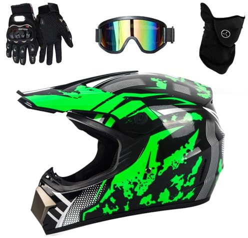 Kids Motorbike Motocross Helmet,Full Face MTB Helmet With Goggles Mask Gloves,Quad Bike Youth Kid Full-Face Off Road Motorcycle Crash Helmet(Green,L(56~57cm))