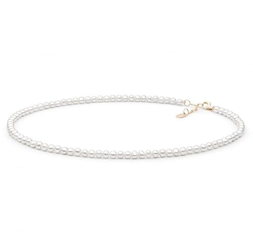 Gaura Perlenkette Damen – Weiße runde Süßwasserperlen 4–4,5 mm • 38–41 cm variabel • 585 Roségold plattiertes 925 Sterling Silber • Elegante Choker-Kette & Geschenk