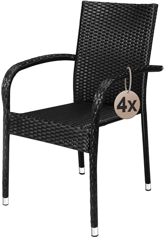 Casaria® Lot de 4 Chaise Salle a Manger en Polyrotin Noir Empilable pour Terrasse et Balcon, Idéal comme Salon de Jardin Exterieur Design ou comme Salon de Jardin Familial Confortable